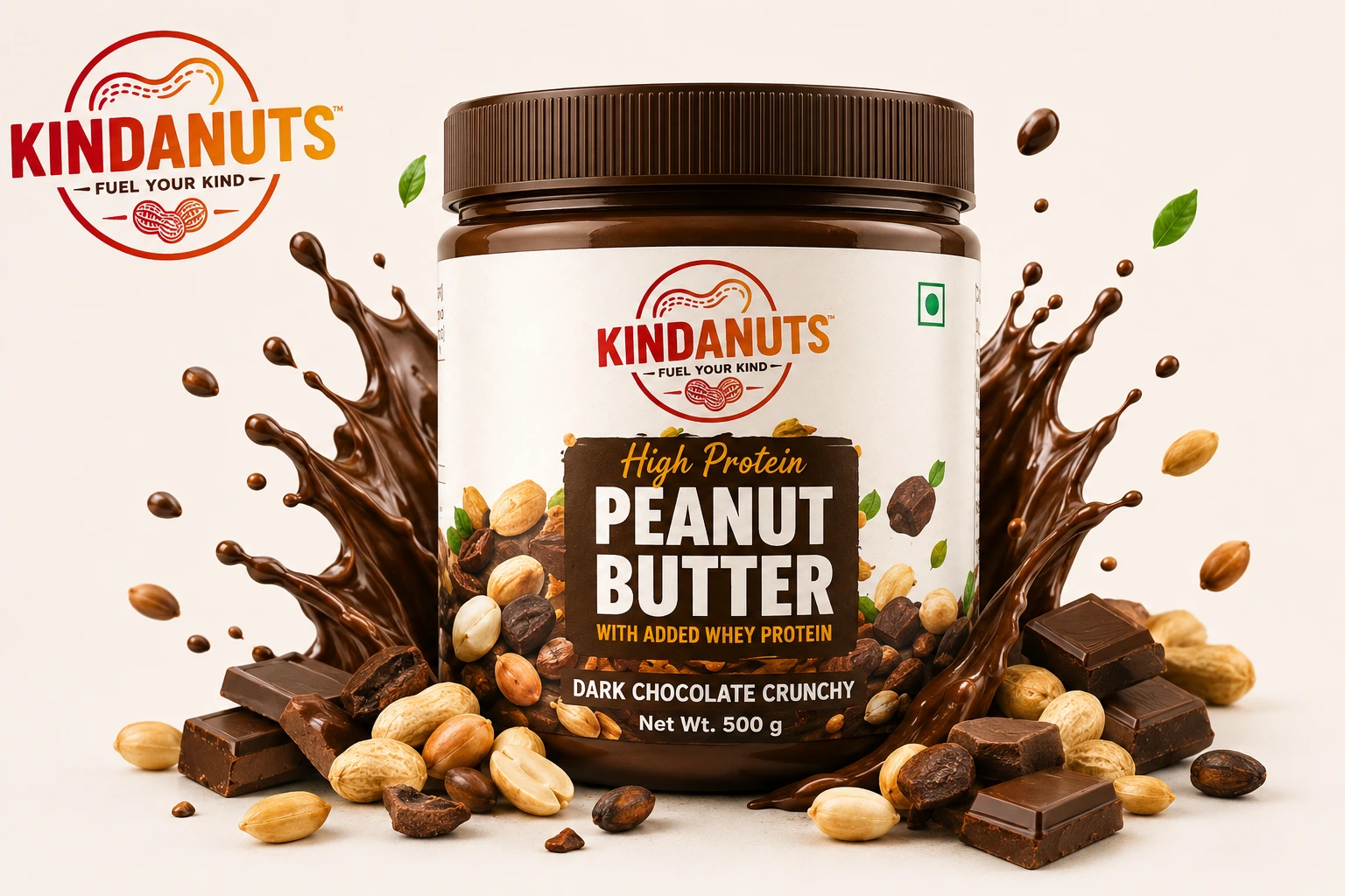 Kindanuts peanut butter jar with chocolate splash